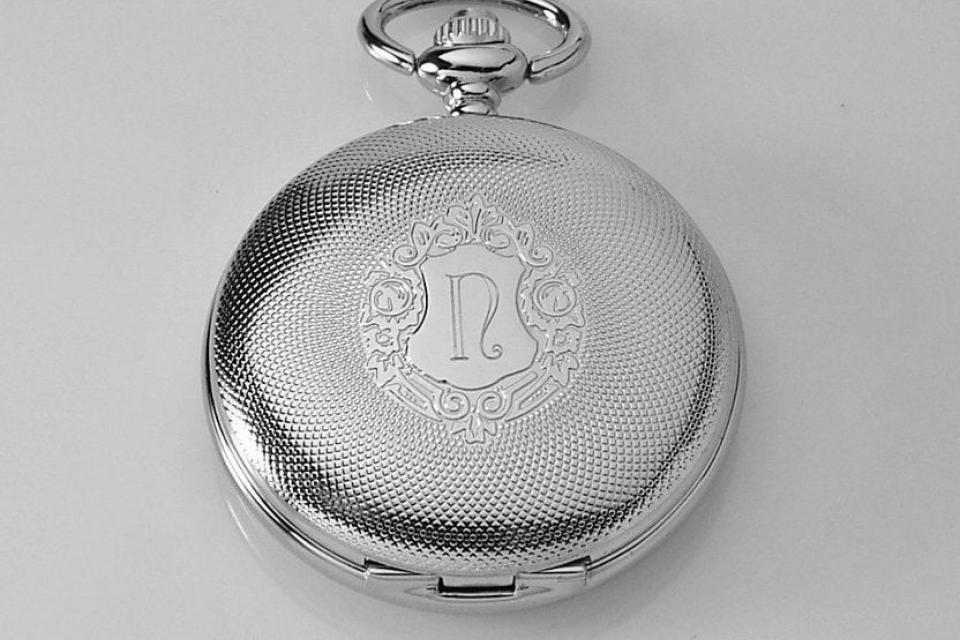 Pocket Watch Custom Engraved Mechanical Wind Up Pocket Watch with Front Shield and Skeleton Back and Dial - Hand Engraved