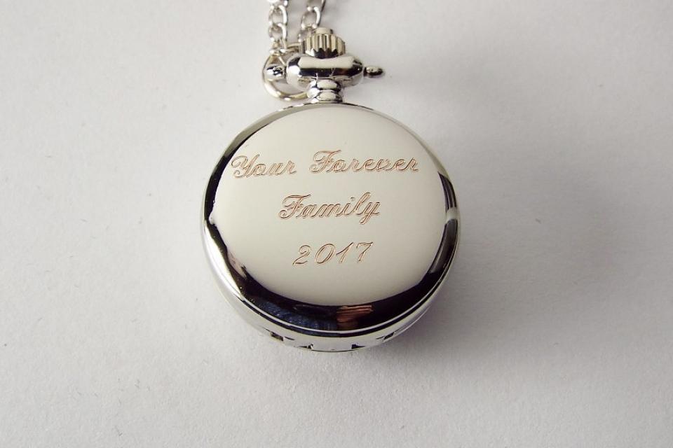 Personalized Pendant Watch Custom Engraved Necklace Watch Blue Enamel and Crystals - Hand Engraved