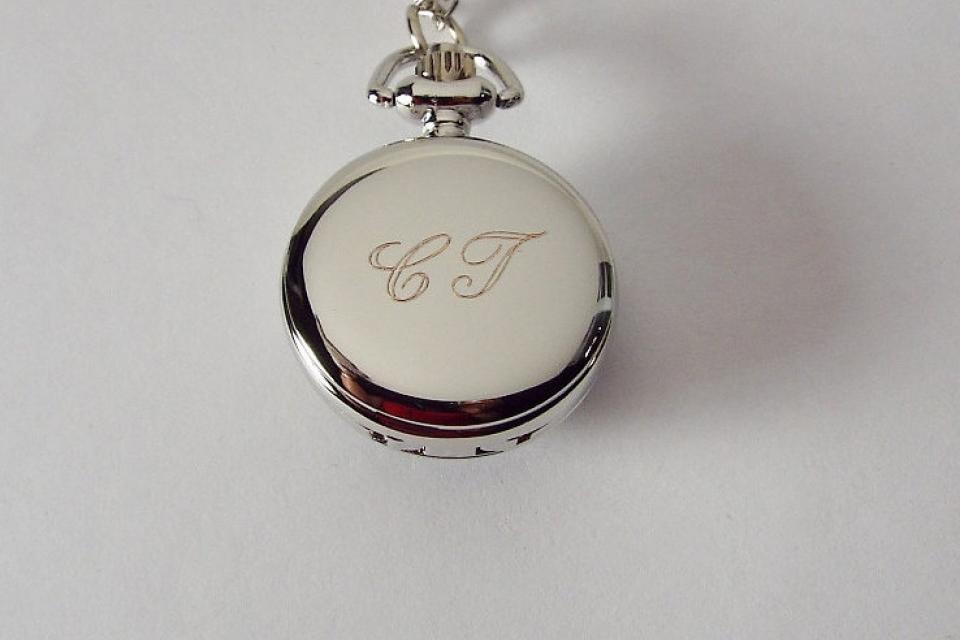 Personalized Pendant Watch Custom Engraved Necklace Watch Blue Enamel and Crystals - Hand Engraved