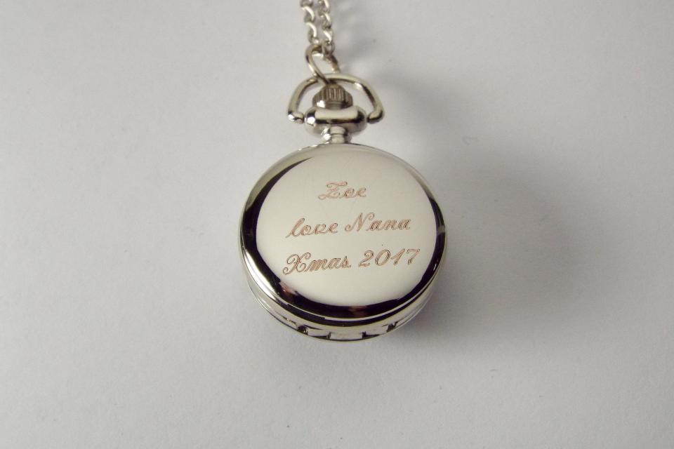 Personalized Pendant Watch Custom Engraved Necklace Watch Black Enamel and Crystals - Hand Engraved