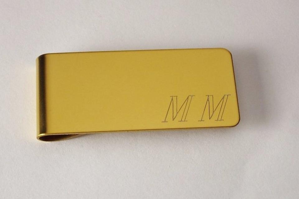 Custom Engraved Personalized Money Clip Gold Tone High Polish Wide - Hand Engraved
