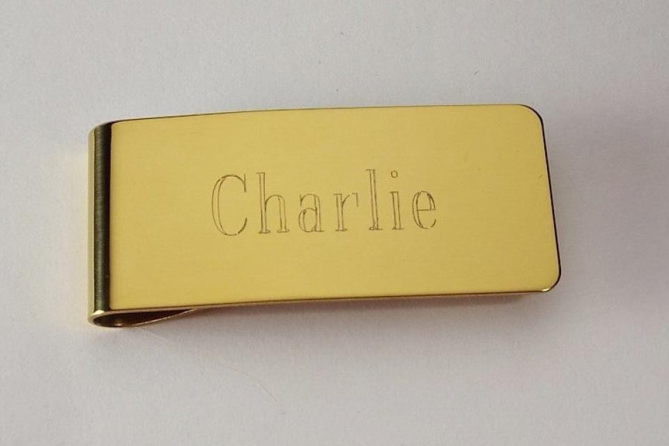 Custom Engraved Personalized Money Clip Gold Tone High Polish Wide - Hand Engraved