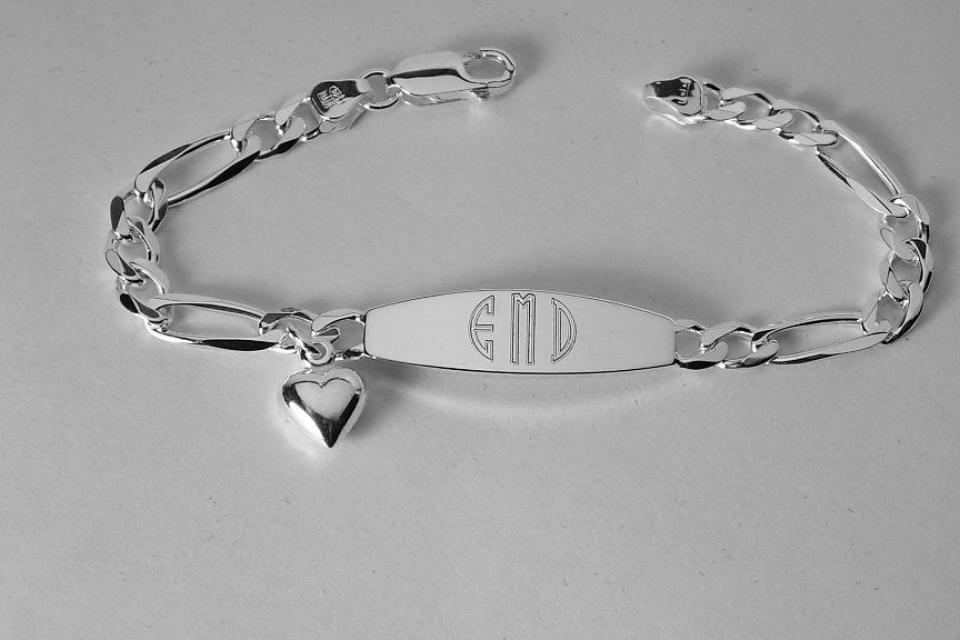 Custom Engraved Sterling Silver ID Bracelet with Heart Charm 7 Inch Length Personalized Jewelry - Hand Engraved