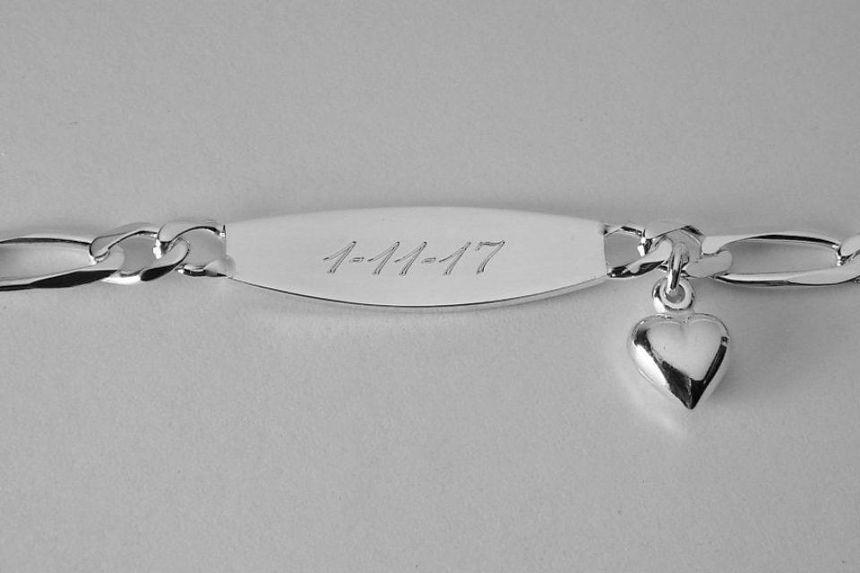 Custom Engraved Sterling Silver ID Bracelet with Heart Charm 7 Inch Length Personalized Jewelry - Hand Engraved