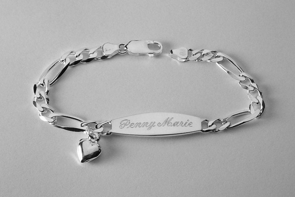 Custom Engraved Sterling Silver ID Bracelet with Heart Charm 7 Inch Length Personalized Jewelry - Hand Engraved