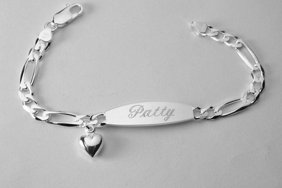 Custom Engraved Sterling Silver ID Bracelet with Heart Charm 7 Inch Length Personalized Jewelry - Hand Engraved