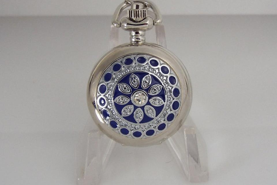 Personalized Pendant Watch Custom Engraved Necklace Watch Blue Enamel and Crystals  - Hand Engraved