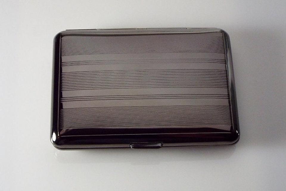 Engraved Gloss Black Business Card Case Personalized Double Sided Linear Design or Kings Cigarette Case -Hand Engraved