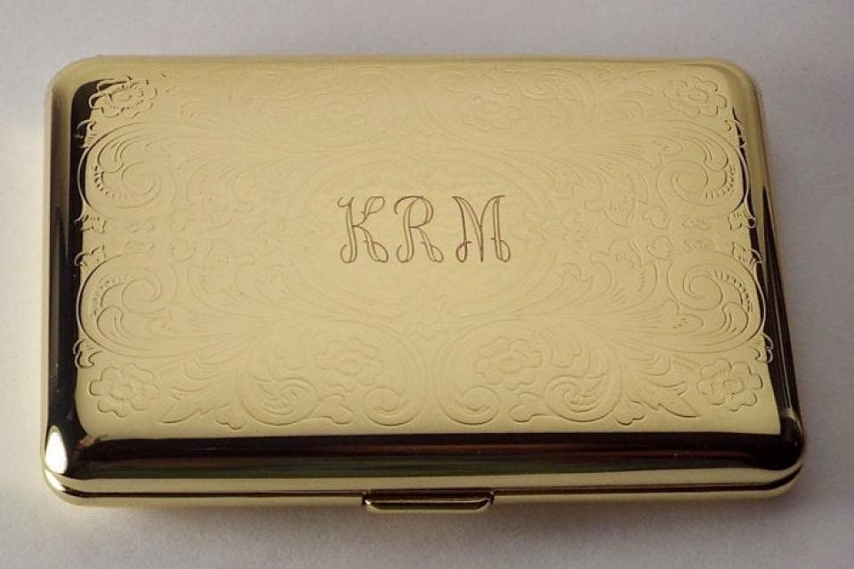 Personalized Custom Engraved Golden Business Card Case or Kings Cigarette Case Double Sided Scroll Design  -Hand Engraved