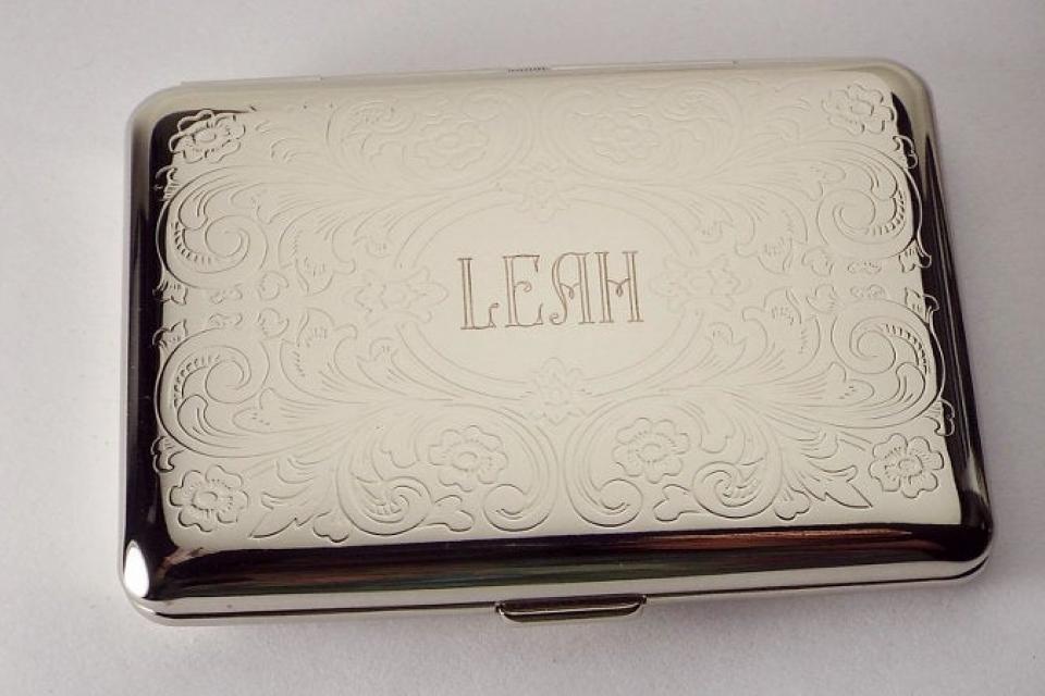 Custom Engraved Personalized Business Card Case or Kings Cigarette Case Double Sided Scroll Design  -Hand Engraved