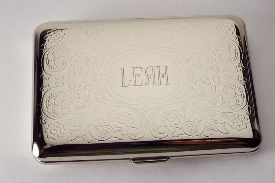 Custom Engraved Personalized Business Card Case or Kings Cigarette Case Double Sided Scroll Design -Hand Engraved