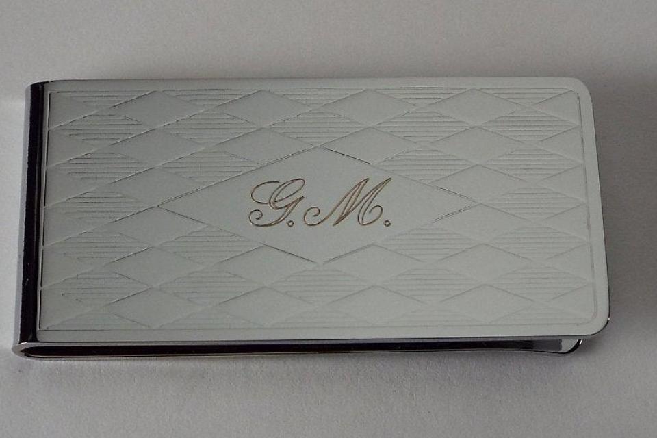 Custom Engraved Personalized Money Clip Chrome Plated with Diamond Pattern - Hand Engraved