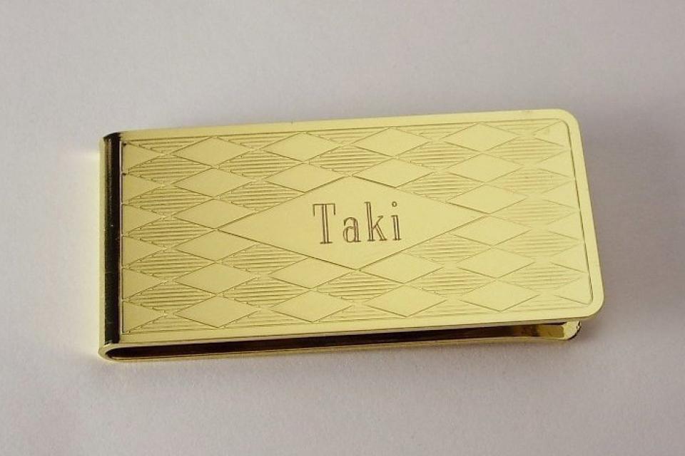 Custom Engraved Personalized Money Clip Gold Plated Diamond Pattern - Hand Engraved