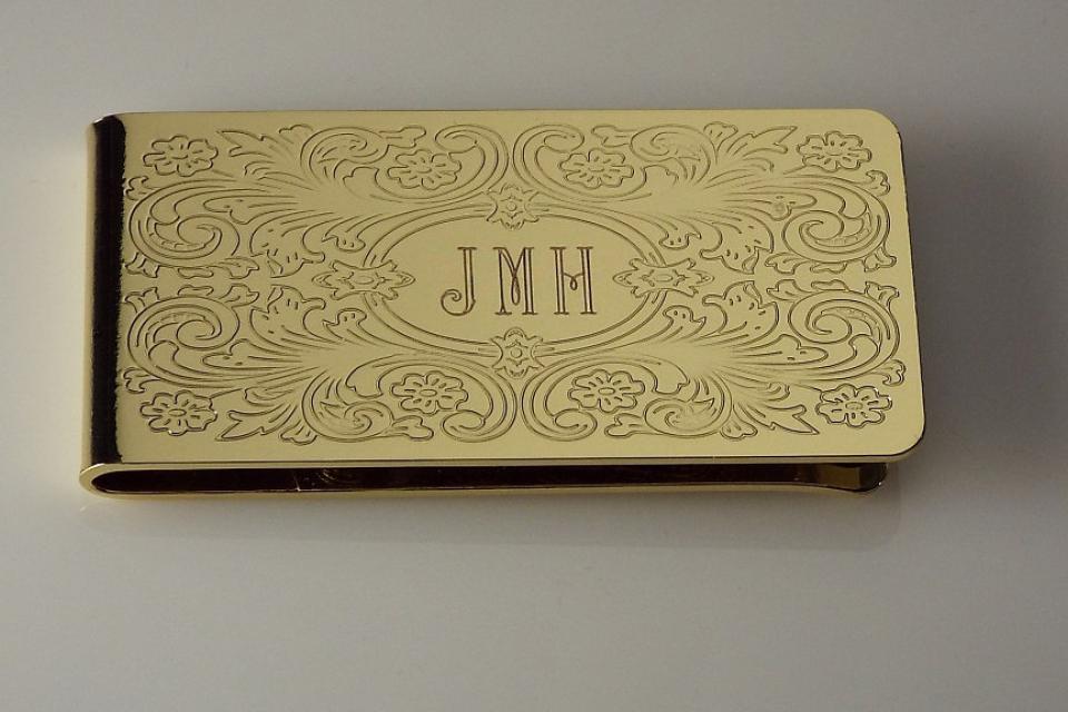 Custom Engraved Money Clip Personalized Gold Tone with Scroll Design -Hand Engraved