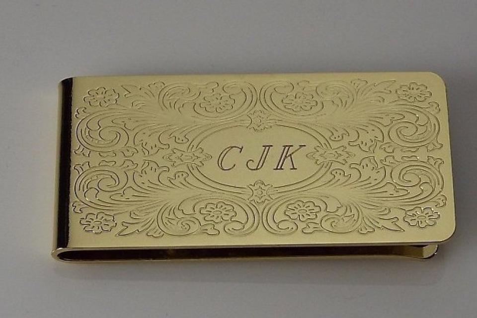 Custom Engraved Money Clip Personalized Gold Tone with Scroll Design -Hand Engraved