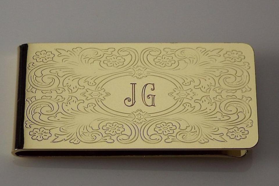 Custom Engraved Money Clip Personalized Gold Tone with Scroll Design -Hand Engraved