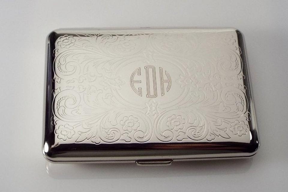 Custom Engraved Personalized Kings Cigarette Case or Business Card Case Double Sided Scroll Design  -Hand Engraved