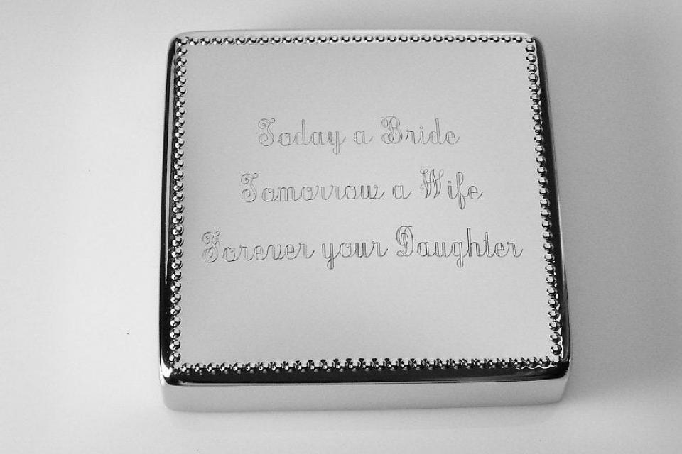 Custom Engraved Personalized Silver Square Jewelry Box with Beaded Trim - Hand Engraved