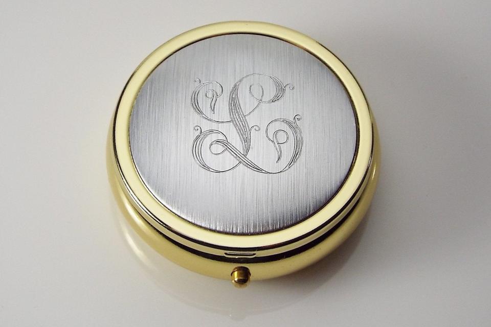 Engraved Personalized Pill Box Two Tone Round Three Compartment  -Hand Engraved