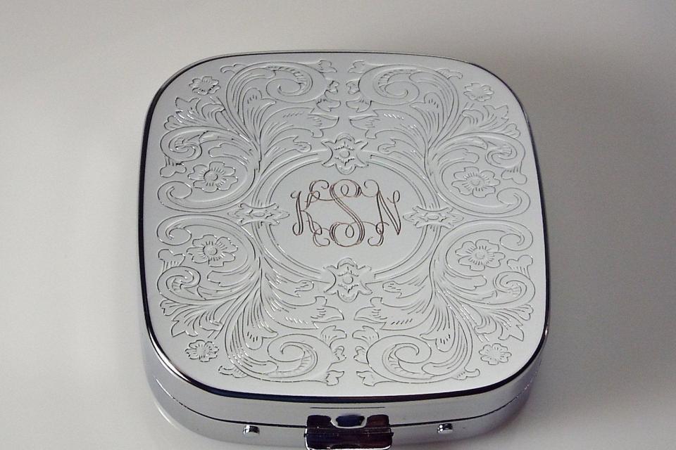 Engraved Pill Box Custom Engraved Personalized Scroll Design Three Compartment Pill Box -Hand Engraved