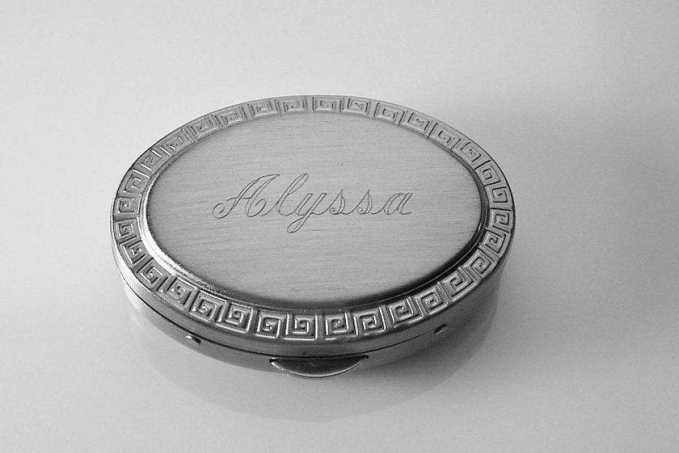 Custom Engraved Pill Box Personalized Silver Oval with Greek Key Design Mirror and Removable Divider  -Hand Engraved