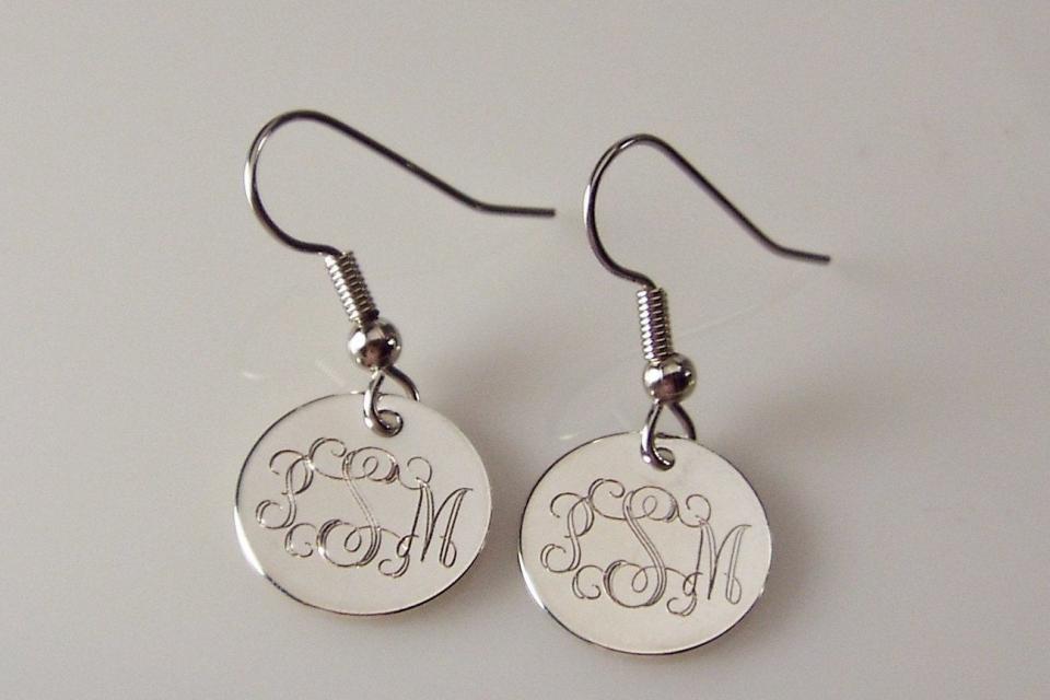Custom Engraved Personalized Silver Plated Round Monogram Earrings - Hand Engraved