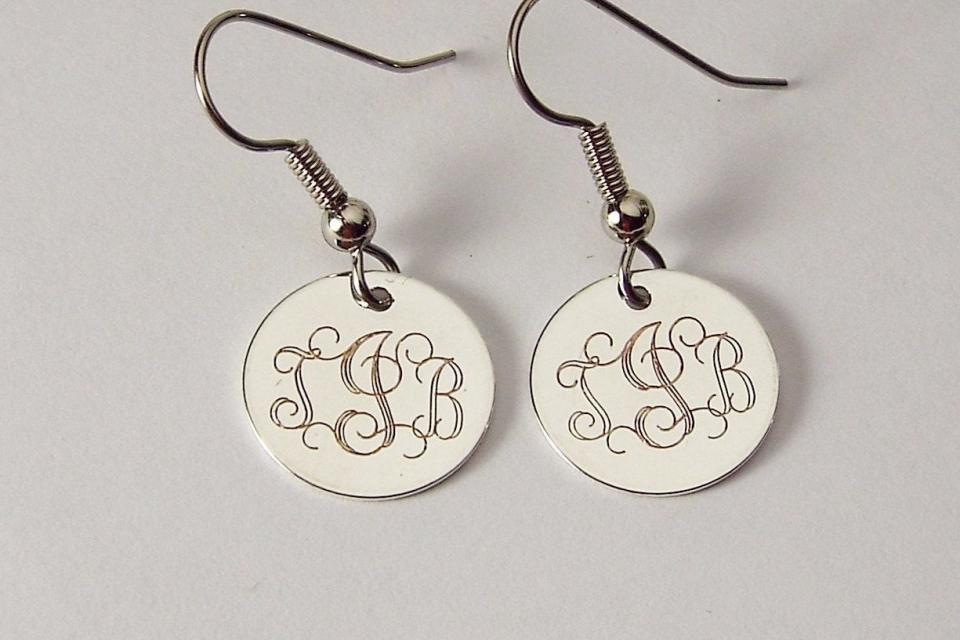 Custom Engraved Personalized Silver Plated Round Monogram Earrings - Hand Engraved