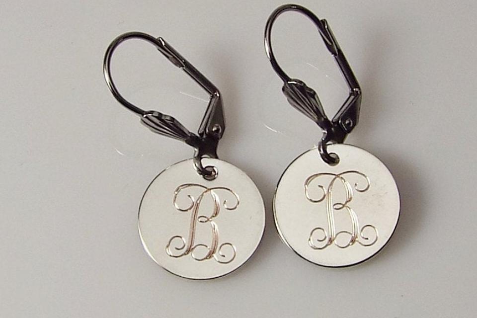 Monogram Earrings Custom Engraved Silver Plated Round Lever Back Personalized Jewelry - Hand Engraved