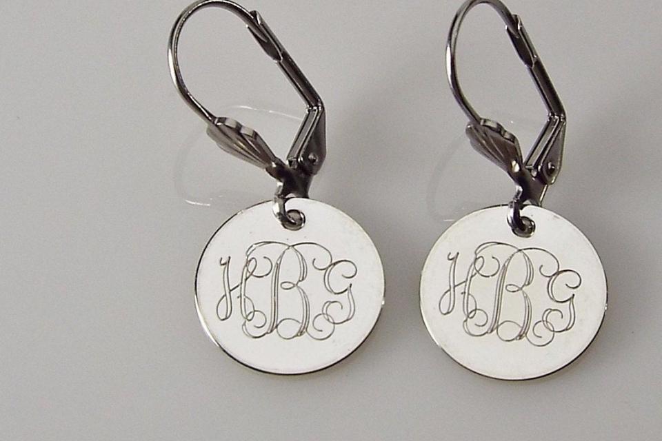 Monogram Earrings Custom Engraved Silver Plated Round Lever Back Personalized Jewelry - Hand Engraved