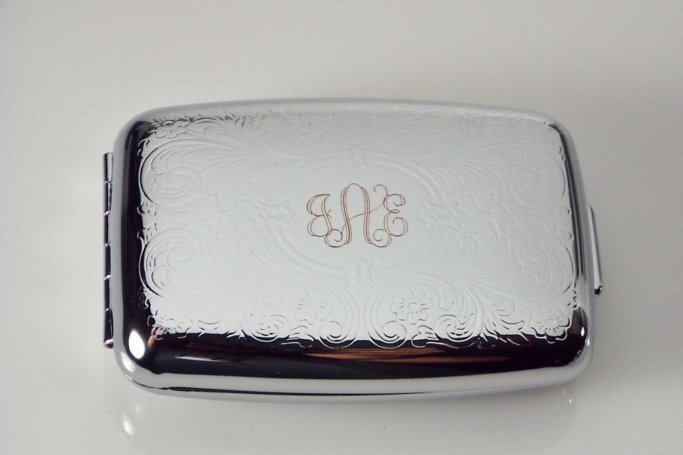 Custom Engraved Pill Box Personalized Scroll Design Silver Two Roomy Compartments -Hand Engraved