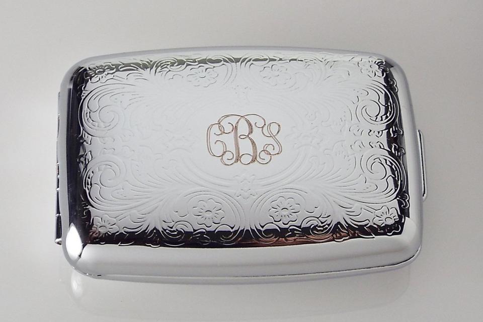 Custom Engraved Pill Box Personalized Scroll Design Silver Two Roomy Compartments -Hand Engraved