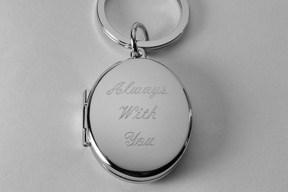 Photo Locket Keychain Personalized Custom Engraved Silver High Polish Oval - Hand Engraved
