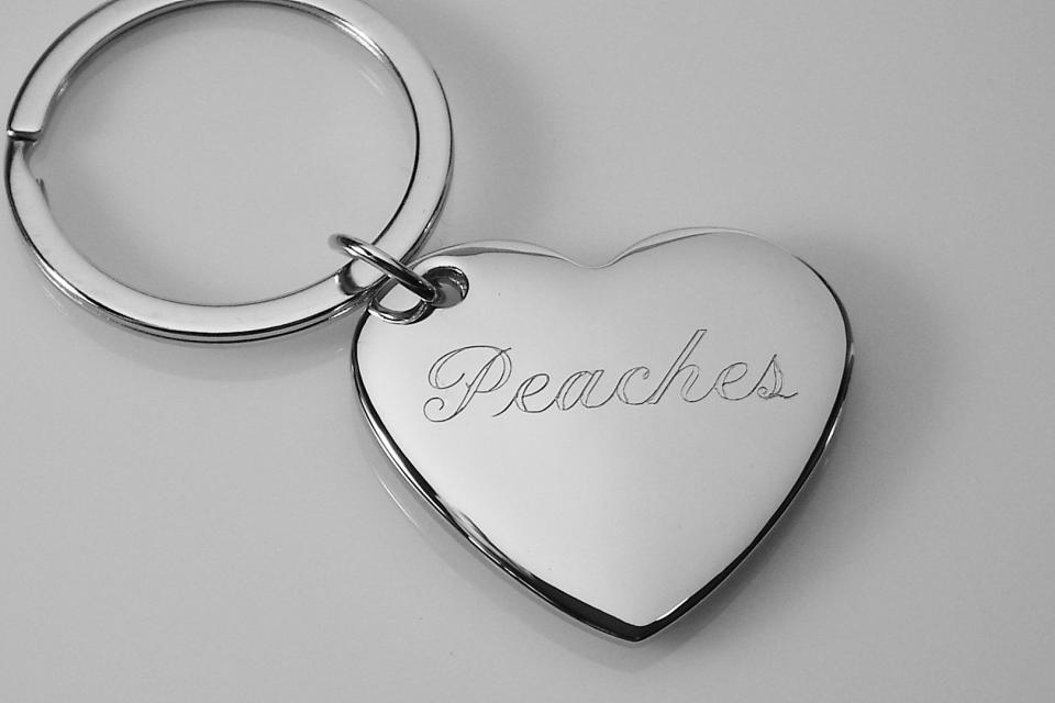 Custom Engraved Personalized High Polish Silver Heart Keychain  - Hand Engraved