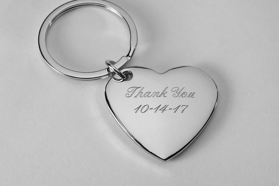 Custom Engraved Personalized High Polish Silver Heart Keychain  - Hand Engraved