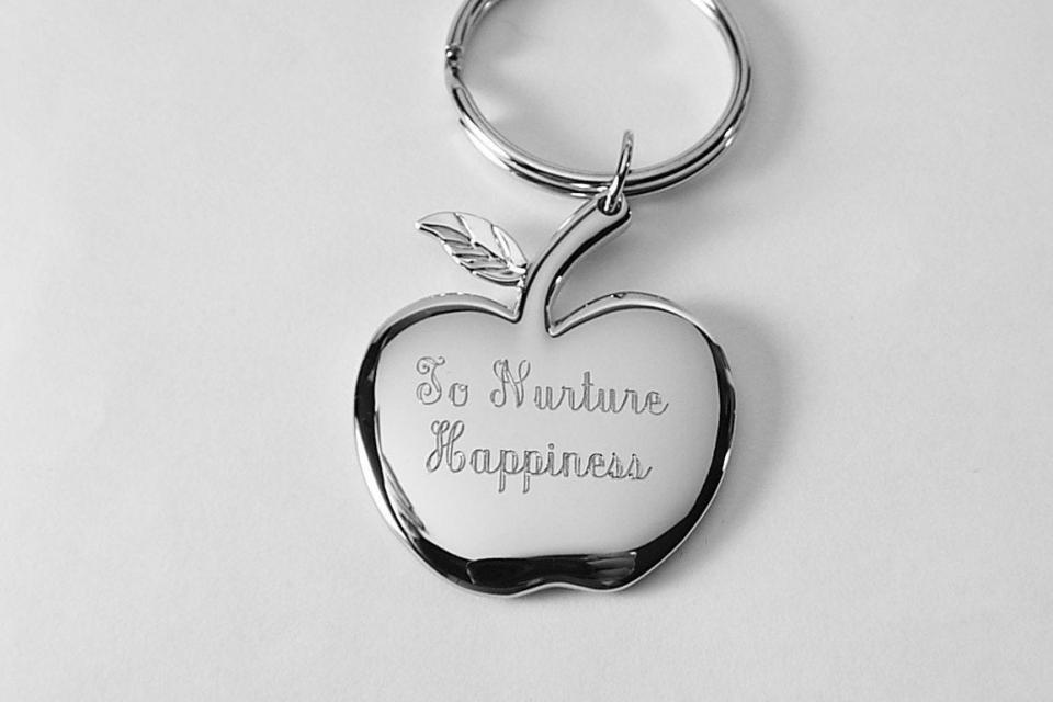 Custom Engraved Personalized Key Chain High Polish Chrome Apple Teacher Gift  - Hand Engraved