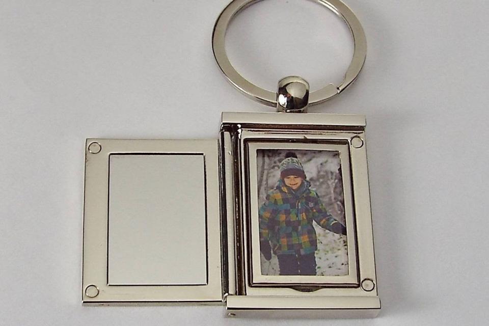 Engraved Photo Locket Keychain Personalized Custom Silver High Polish Flat Rectangular - Hand Engraved