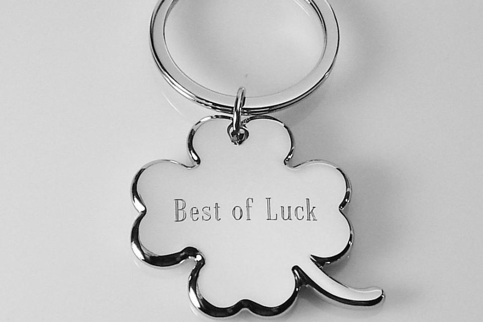 Custom Engraved Personalized Lucky Four Leaf Clover High Polish Silver Key Chain  - Hand Engraved