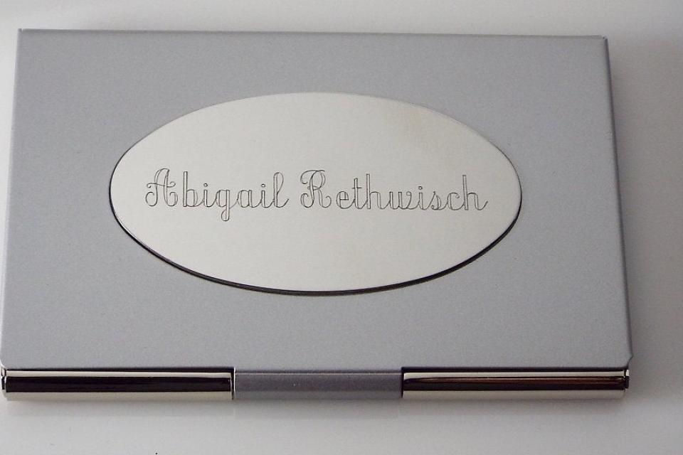 Custom Engraved Personalized Business Card Holder with Oval Engraving Plate  -Hand Engraved