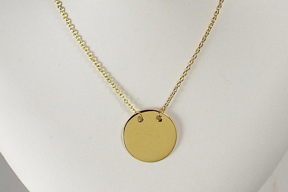 Monogram Necklace 14K Yellow Gold Plated Custom Engraved Personalized 7/8 Inch Round Disc with Adjustable Length Chain - Hand Engraved