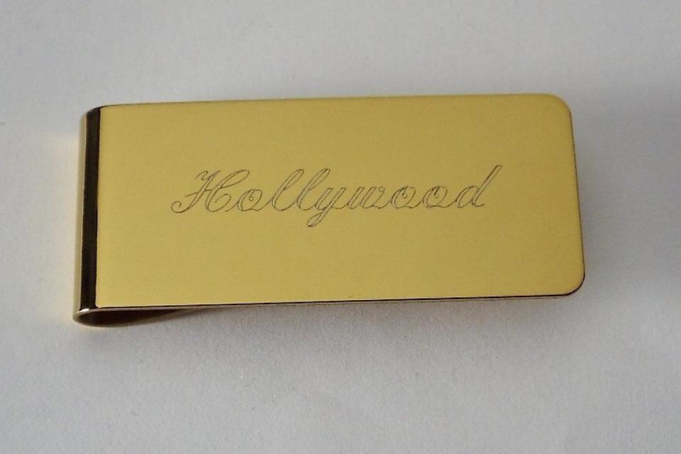 Custom Engraved Personalized Money Clip Gold Tone High Polish Wide  - Hand Engraved