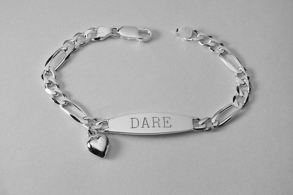 Custom Engraved Sterling Silver ID Bracelet with Heart Charm 7 Inch Length Personalized Jewelry - Hand Engraved