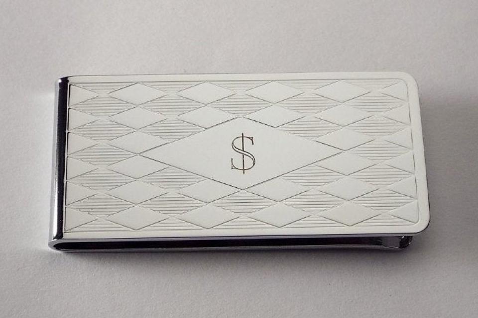 Custom Engraved Personalized Money Clip Chrome Plated with Diamond Pattern - Hand Engraved