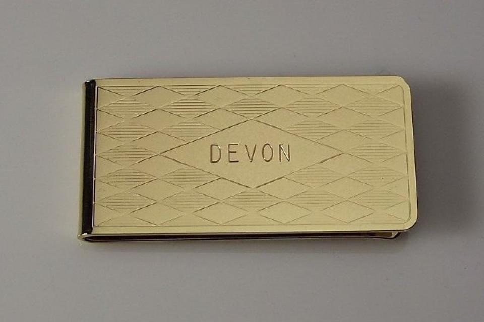 Custom Engraved Personalized Money Clip Gold Plated Diamond Pattern - Hand Engraved