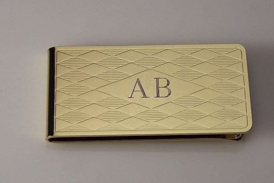 Custom Engraved Personalized Money Clip Gold Plated Diamond Pattern  - Hand Engraved