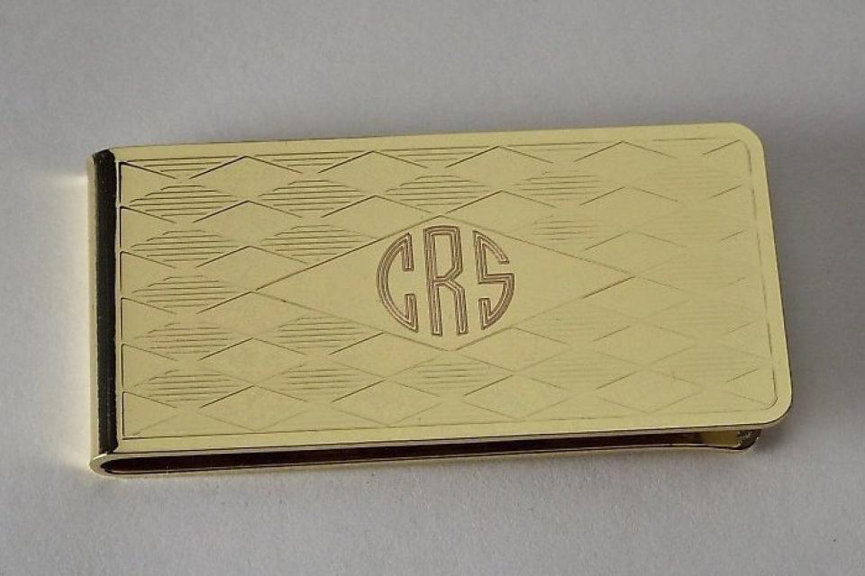 Custom Engraved Personalized Money Clip Gold Plated Diamond Pattern - Hand Engraved