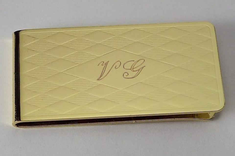 Custom Engraved Personalized Money Clip Gold Plated Diamond Pattern  - Hand Engraved