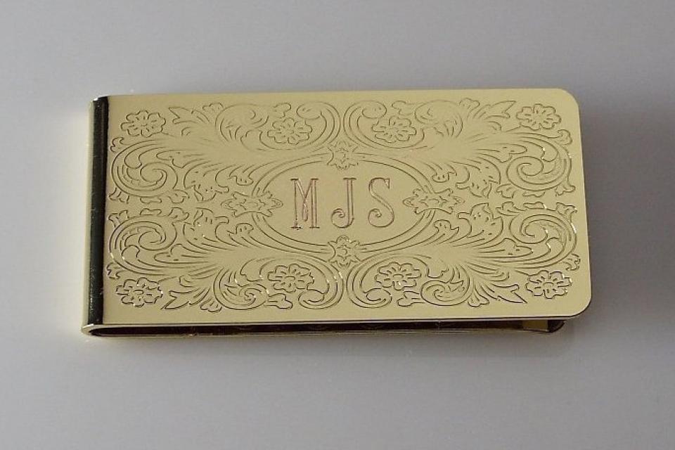 Custom Engraved Money Clip Personalized Gold Tone with Scroll Design -Hand Engraved