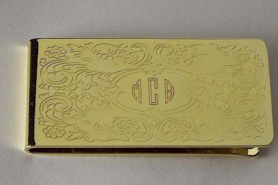 Custom Engraved Money Clip Personalized Gold Tone with Scroll Design -Hand Engraved