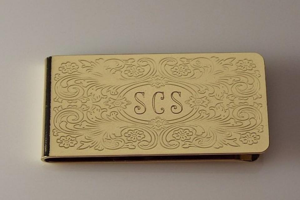 Custom Engraved Money Clip Personalized Gold Tone with Scroll Design -Hand Engraved