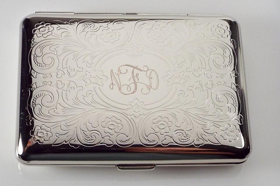 Custom Engraved Personalized Kings Cigarette Case or Business Card Case Double Sided Scroll Design  -Hand Engraved